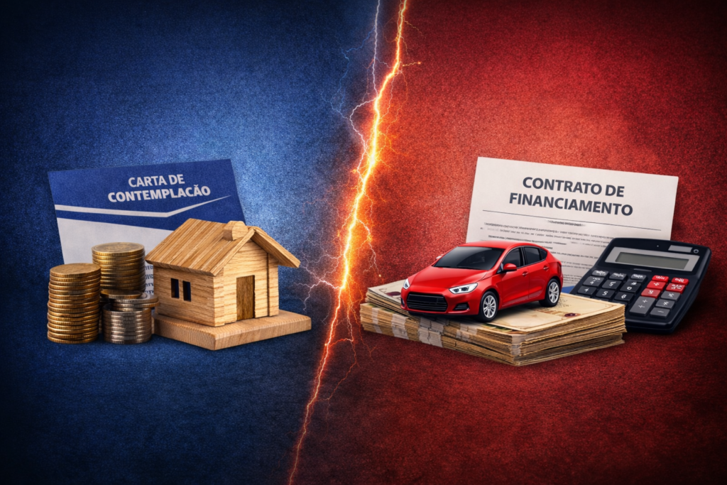 Imagem comparativa com miniatura de casa e moedas de um lado e carro, contrato e calculadora do outro, simbolizando consórcio e financiamento como formas de crédito.