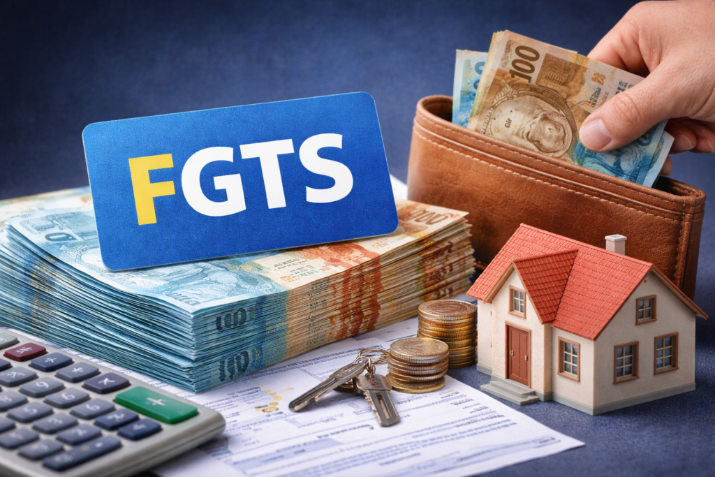 Imagem ilustrativa sobre FGTS no consórcio, com dinheiro, carteira, miniatura de casa, chaves e documentos representando uso do fundo para imóvel.