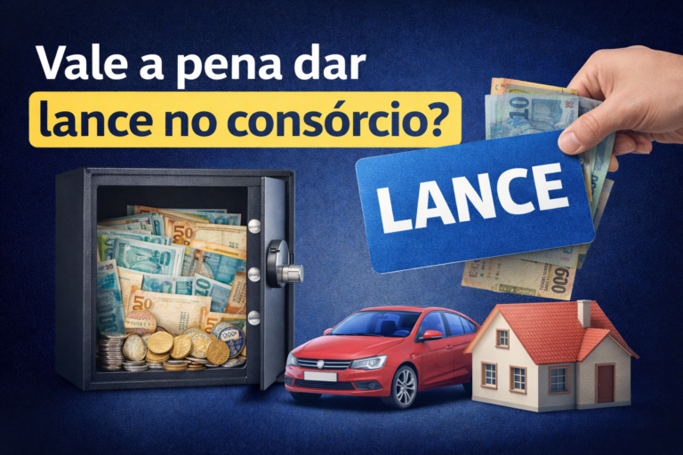 Imagem ilustrativa sobre lance no consórcio, com cofre cheio de dinheiro, cartão de lance, carro e casa representando antecipação da contemplação.