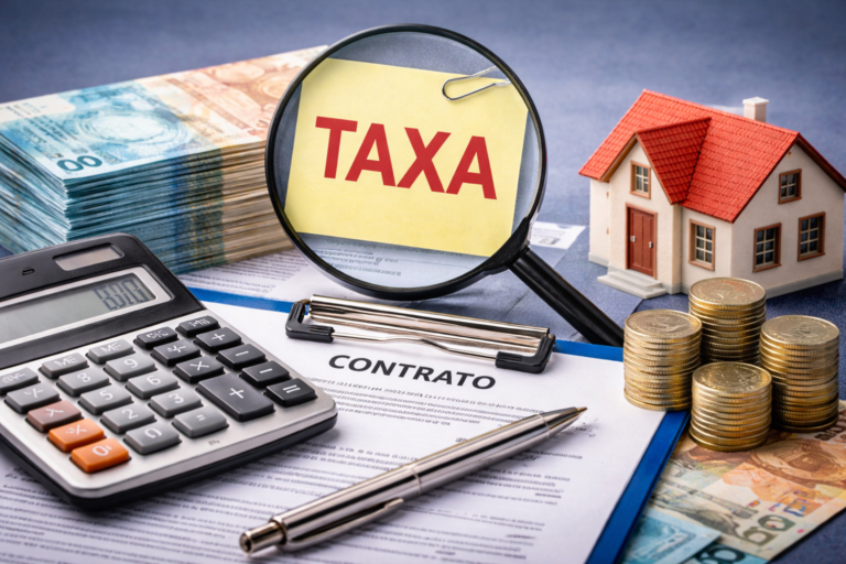 Ilustração sobre taxa de administração do consórcio com calculadora, contrato, dinheiro e miniatura de casa representando custo e planejamento.